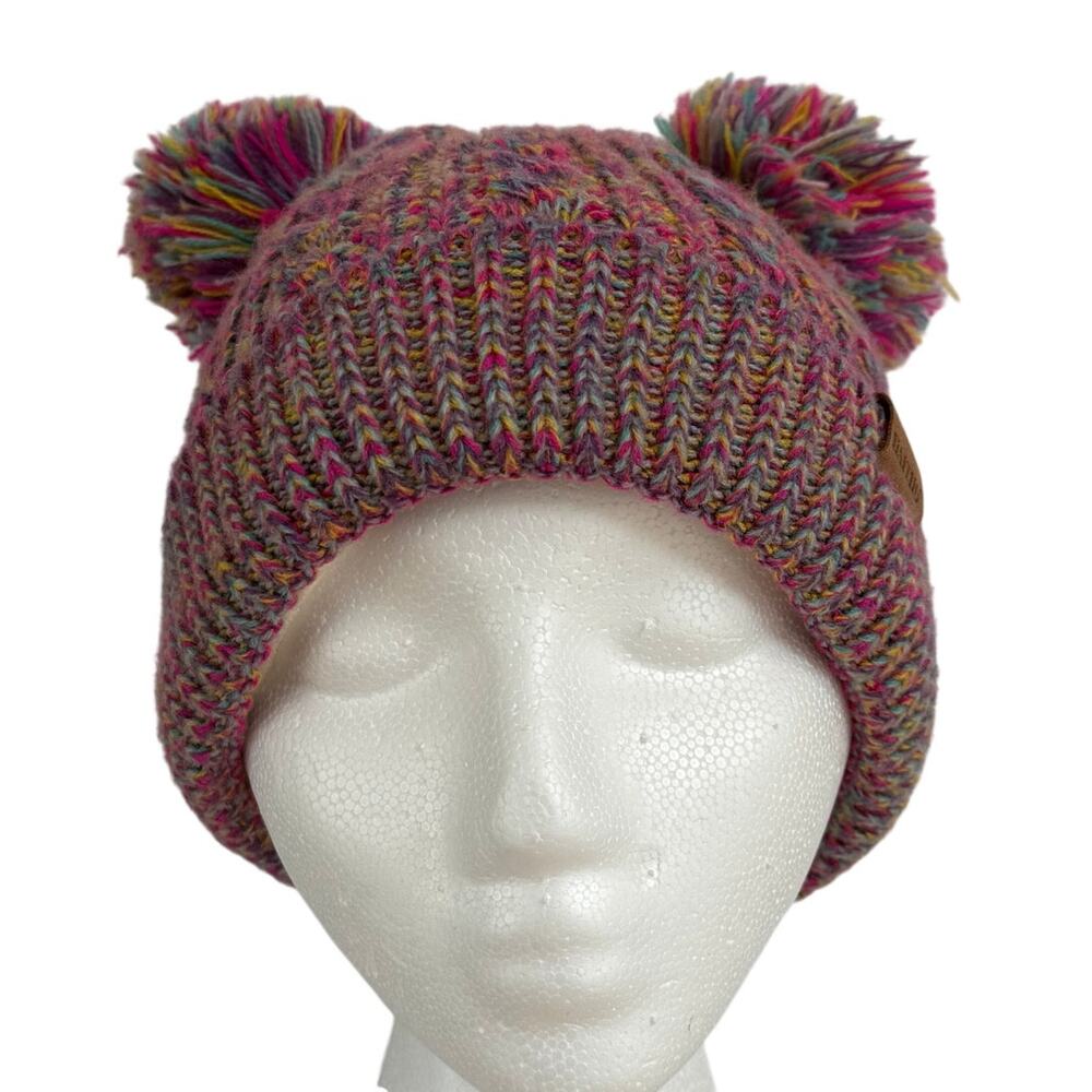 Girls Multicolor Double Pom Pom Beanie Cable Knit Fleece Lined Winter Hat Haitho